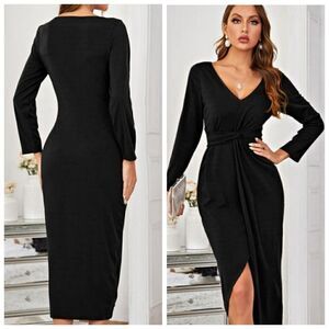 Women's Wrap V Neck Long Sleeve High Slit Dress, Sexy Ruched Bodycon Cocktail XL